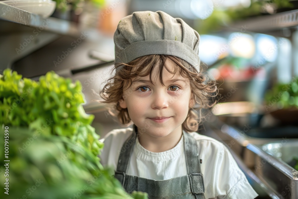 Young chef in white apron at greenery market Young chef in white apron at greenery market