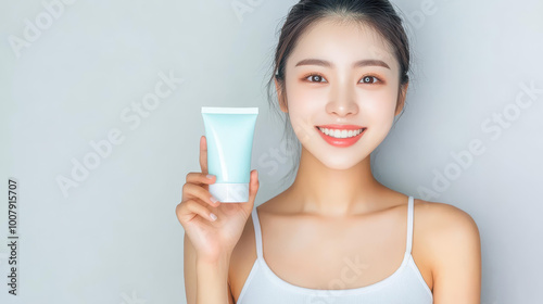 A young woman beams as she holds a skincare tube, showcasing her radiant smile against a clean white background.