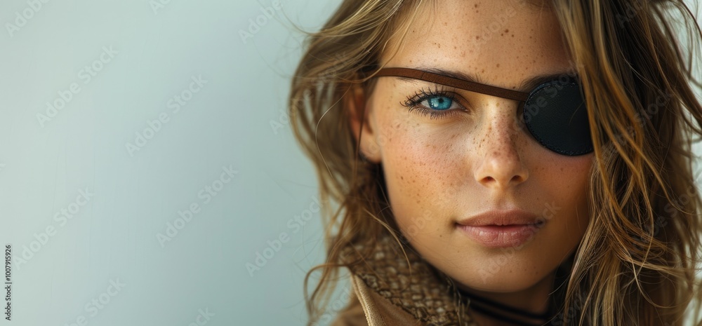 Beautiful confident woman with a black patch over one eye. Banner with copy space. Beautiful confident woman with a black patch over one eye. Banner with copy space.