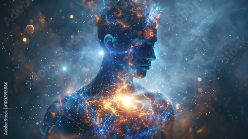 Silhouette of a man in the rays of a shining aura around his body against the backdrop of outer space with stars. The theme of awakening energy and discovering magical abilities.