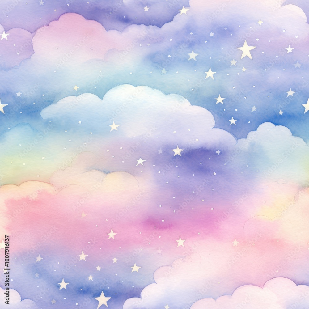 Background from magical fairy-tale gentle rainbow clouds with stars. For design of holiday invitations and cards.