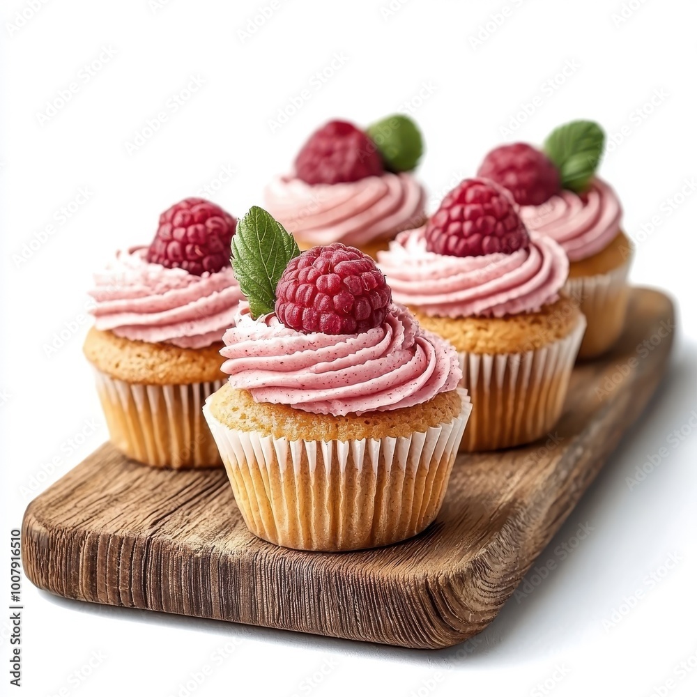 Raspberry cupcakes on a wooden tray, isolated on a white background, rustic and charming. Raspberry cupcakes on a wooden tray, isolated on a white background, rustic and charming.