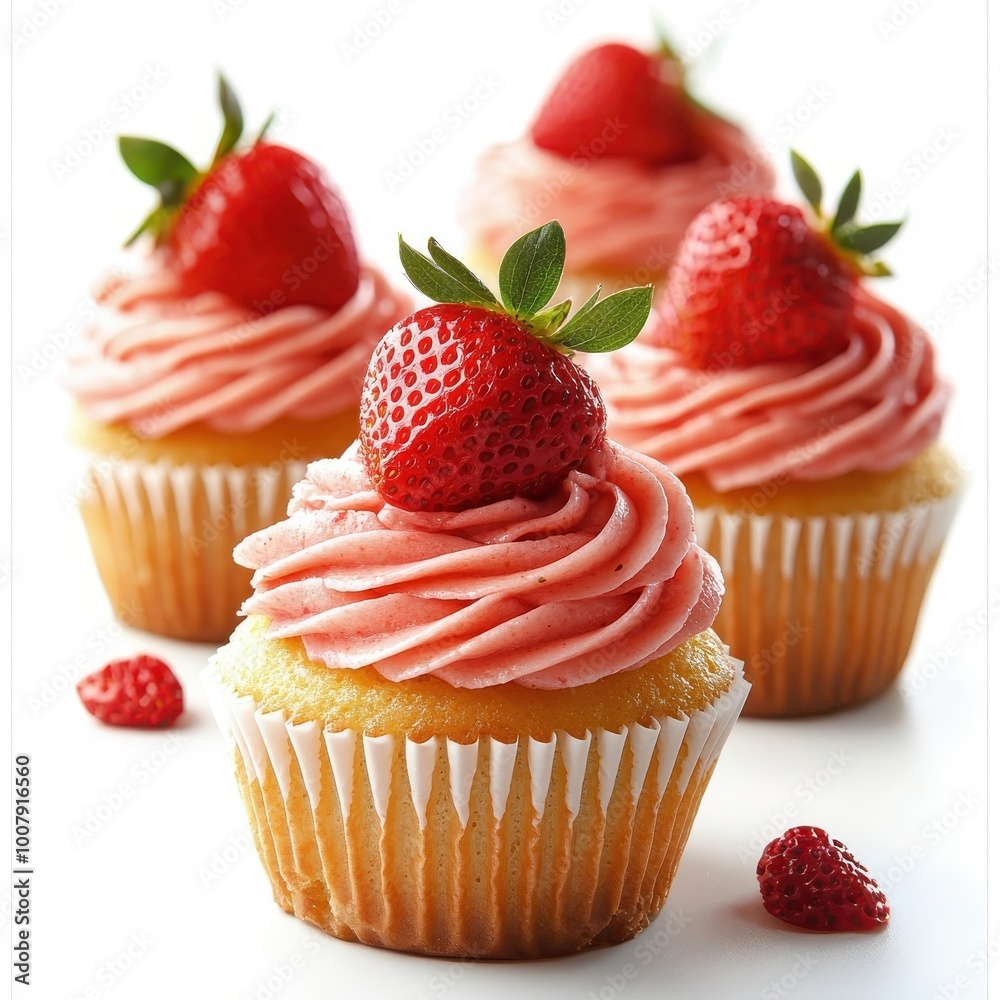 Isolated strawberry cupcakes on a clean white background, showcasing their vibrant red and fresh strawberries. Isolated strawberry cupcakes on a clean white background, showcasing their vibrant red and fresh strawberries.
