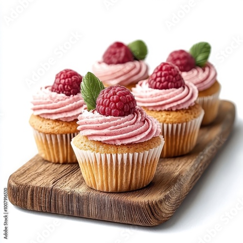 Raspberry cupcakes on a wooden tray, isolated on a white background, rustic and charming.