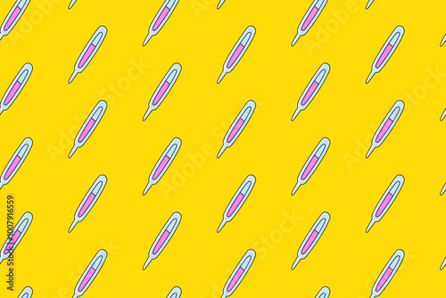 thermometer colorful pattern on yellow background. doodle thermometer cartoon seamless pattern background. funny thermometer medical seamless pattern for decor and merchandise