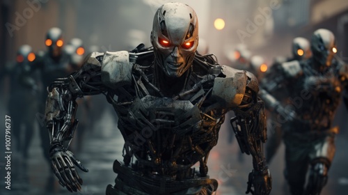 Horde of Menacing Robots Charging Forward with Glowing Red Eyes in Urban Dystopian Setting