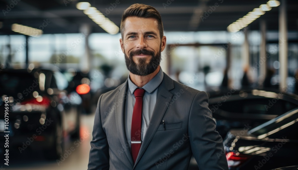 Confident Businessman in Suit Smiling in Modern Car Showroom with Luxury Vehicles Confident Businessman in Suit Smiling in Modern Car Showroom with Luxury Vehicles