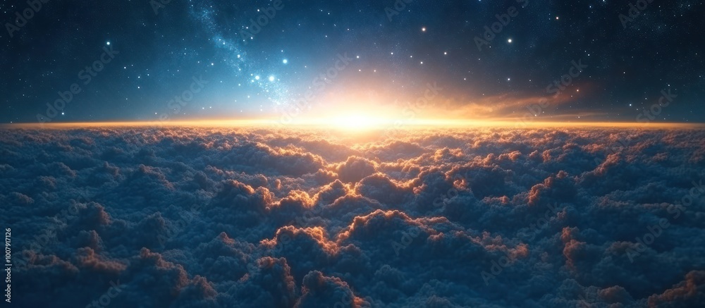 A panoramic view of a stunning sunrise over a sea of clouds with a starry sky. A panoramic view of a stunning sunrise over a sea of clouds with a starry sky.