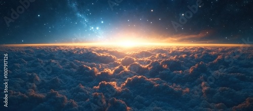 A panoramic view of a stunning sunrise over a sea of clouds with a starry sky.