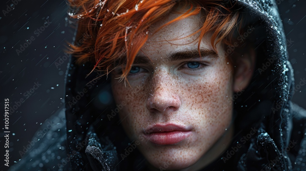 Freckled Youth with Red Hair in Winter Rain Intense CloseUp Portrait Freckled Youth with Red Hair in Winter Rain Intense CloseUp Portrait