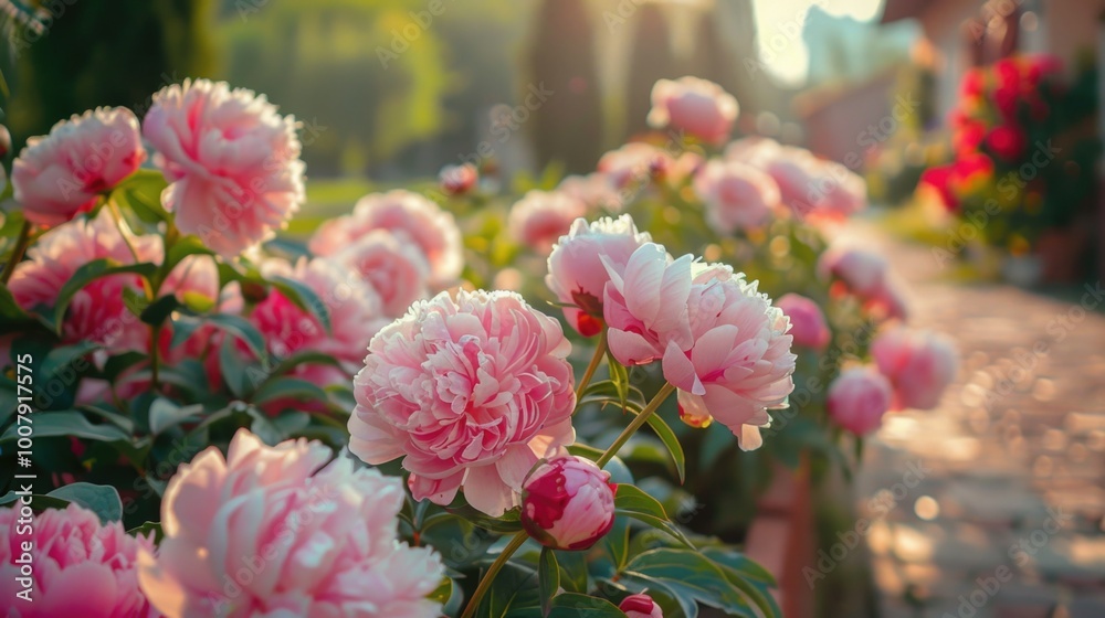 Pink peony flowers blooming in a garden