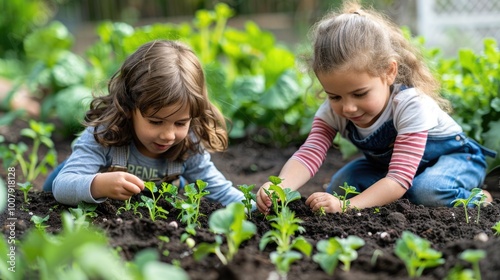 Two children gardening in a green garden