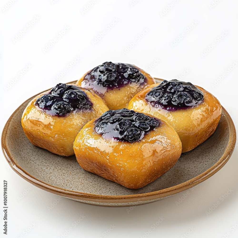 Blueberry brioche on a plate, isolated with a white background, presenting a classic and refined look. Blueberry brioche on a plate, isolated with a white background, presenting a classic and refined look.