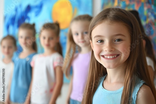 A young girl with long brown hair smiles broadly while standing in front of a group of girls.