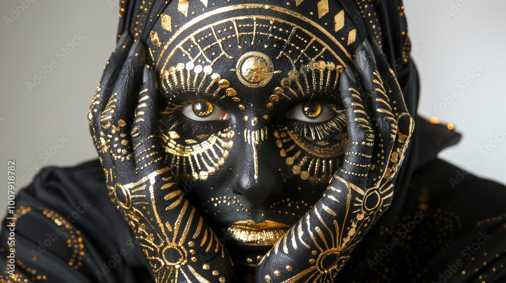 Intricate CelestialThemed Face Paint Art on Model Depicting Cosmic Elements and Mystical Patterns Intricate CelestialThemed Face Paint Art on Model Depicting Cosmic Elements and Mystical Patterns