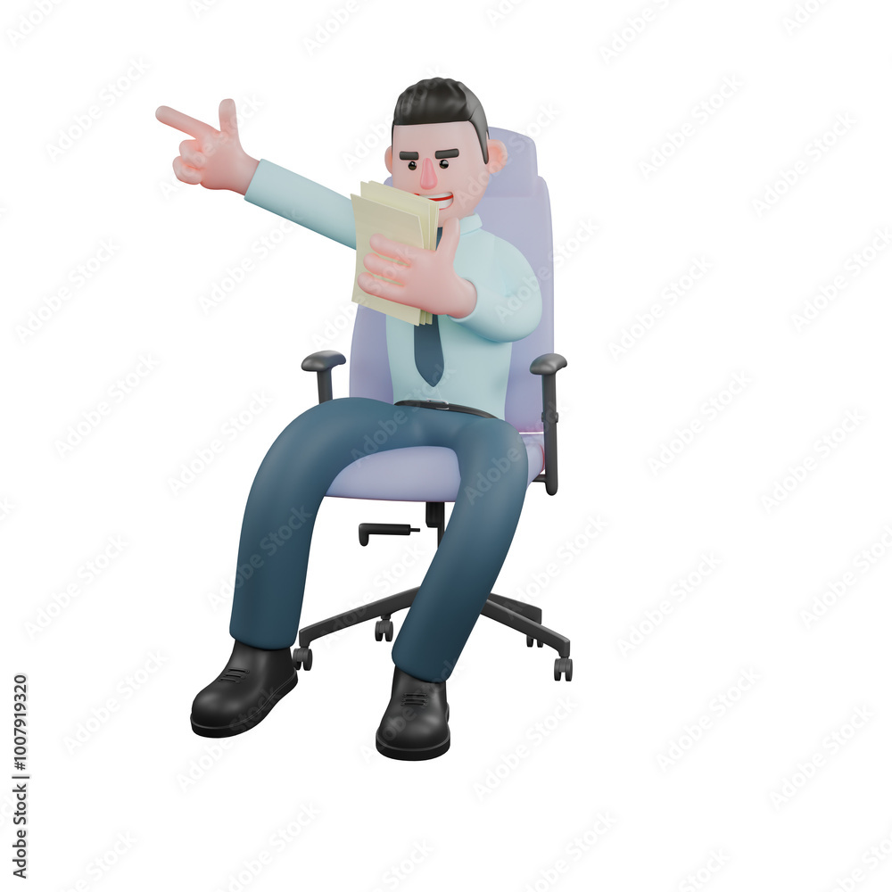 Cartoon Professional Financial Analyst. A male financial analyst sits on a chair with his right hand pointing to the side while his left hand holds a sheet of paper. 3D Male Cartoon Professional Financial Analyst. A male financial analyst sits on a chair with his right hand pointing to the side while his left hand holds a sheet of paper. 3D Male