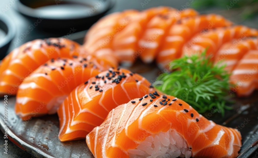 Black plate with salmon sushi and rice Black plate with salmon sushi and rice