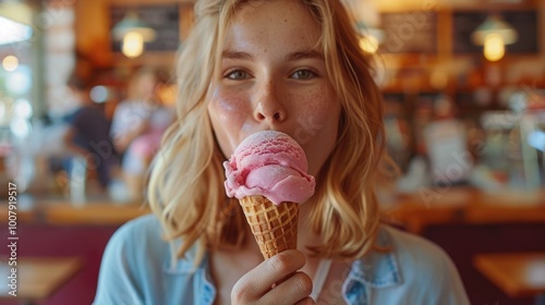 Woman seductively eating sweet ice cream photo