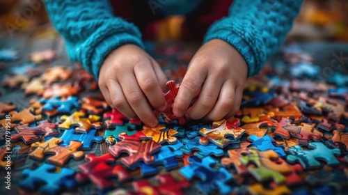 Child Hands Assembling Colorful Jigsaw Puzzle Pieces on Table Childhood, Focus, Creativity, Early Learning