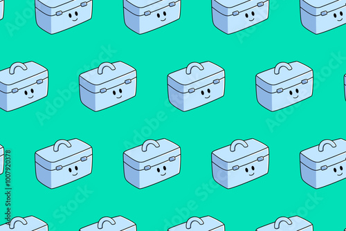 medicine storage box colorful pattern on green background. doodle medical box cartoon seamless pattern background. funny storage box medicine seamless pattern for decor and merchandise