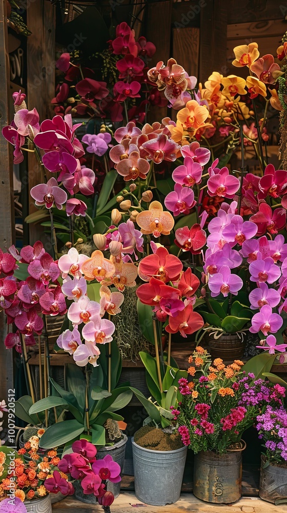 A stunning display of blooming orchids in a garden, showcasing vibrant colors including pink, yellow, orange, and purple flowers. A stunning display of blooming orchids in a garden, showcasing vibrant colors including pink, yellow, orange, and purple flowers.