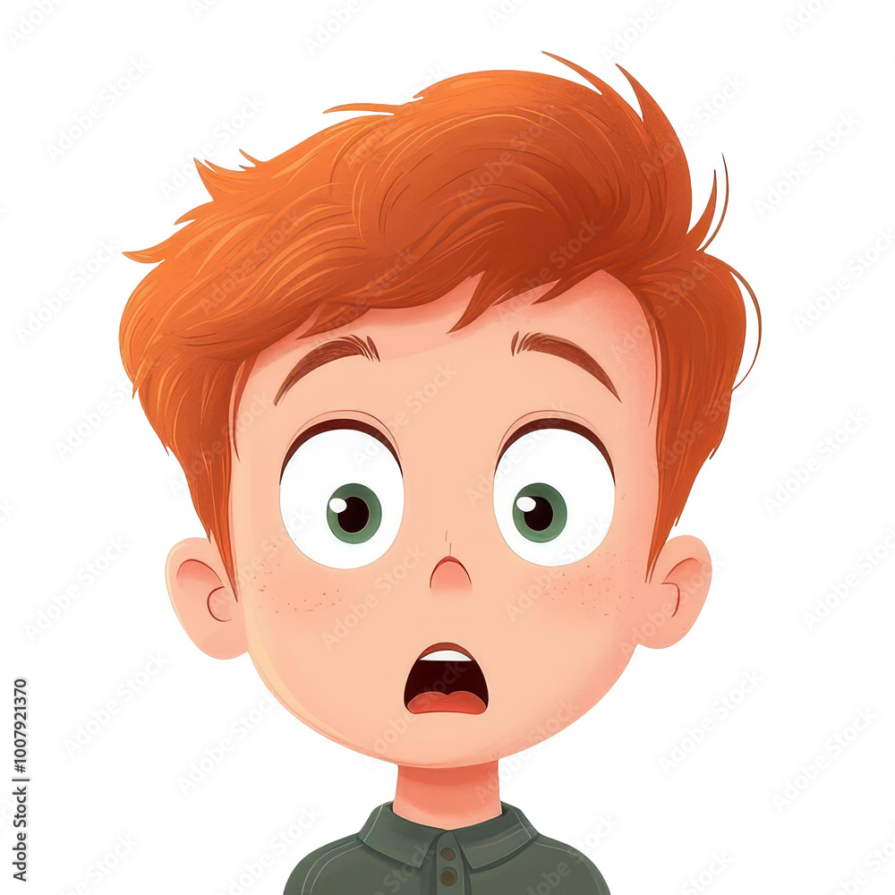 A vibrant D cartoon features a shocked boy, set on a crisp white background, showcasing playful textures in modern style.