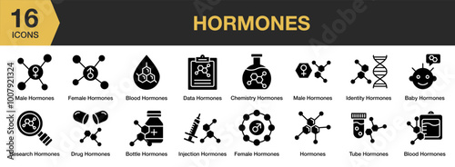 Hormones solid icon set. Includes tube, research, male, injection, female, identity, and More. Solid icons vector collection.