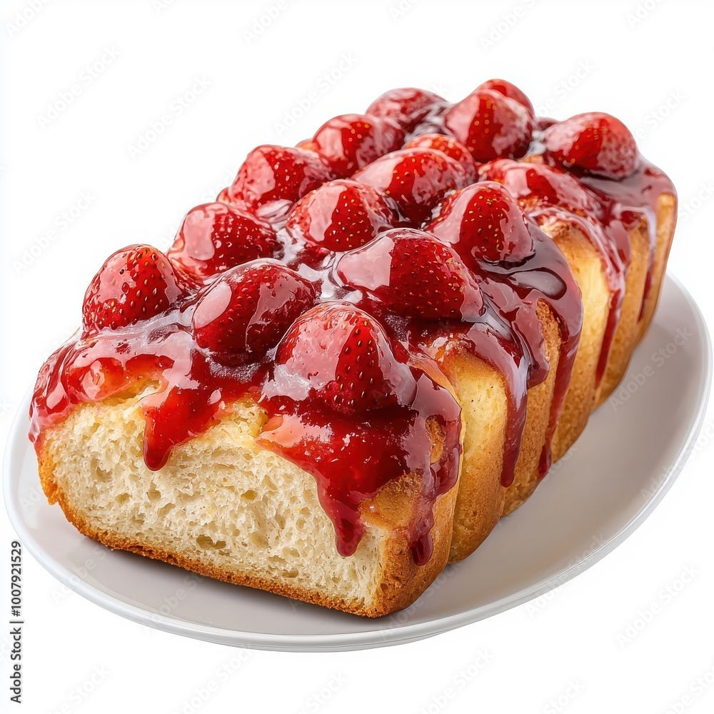 Strawberry French bread on a white plate, isolated on a white background, highlighting its sweet strawberry glaze and fluffy interior. Strawberry French bread on a white plate, isolated on a white background, highlighting its sweet strawberry glaze and fluffy interior.