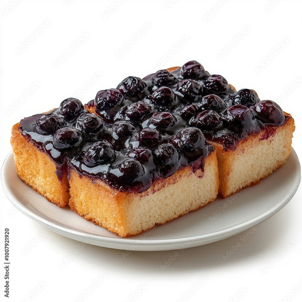 Blueberry French bread on a white plate, isolated on a white background, showcasing its sweet blueberry topping and fluffy interior. Blueberry French bread on a white plate, isolated on a white background, showcasing its sweet blueberry topping and fluffy interior.