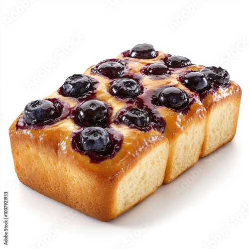 Blueberry French bread on a white plate, isolated on a white background, showcasing its sweet blueberry topping and fluffy interior.