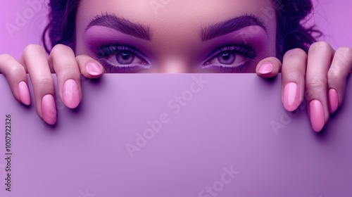 Closeup of Woman with Pink Nails and Purple Eye Makeup Peeking Over Purple Surface photo