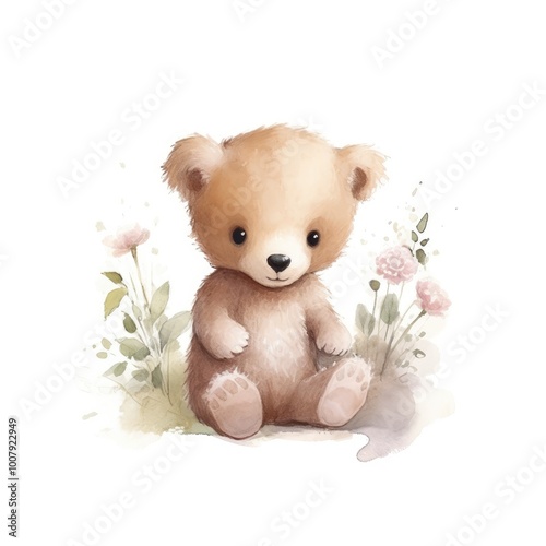 Cute bear in a clearing with flowers on a white background. photo