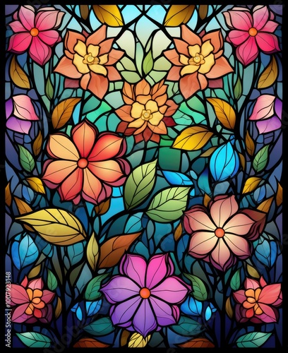 Stained glass window featuring flowers and leaves