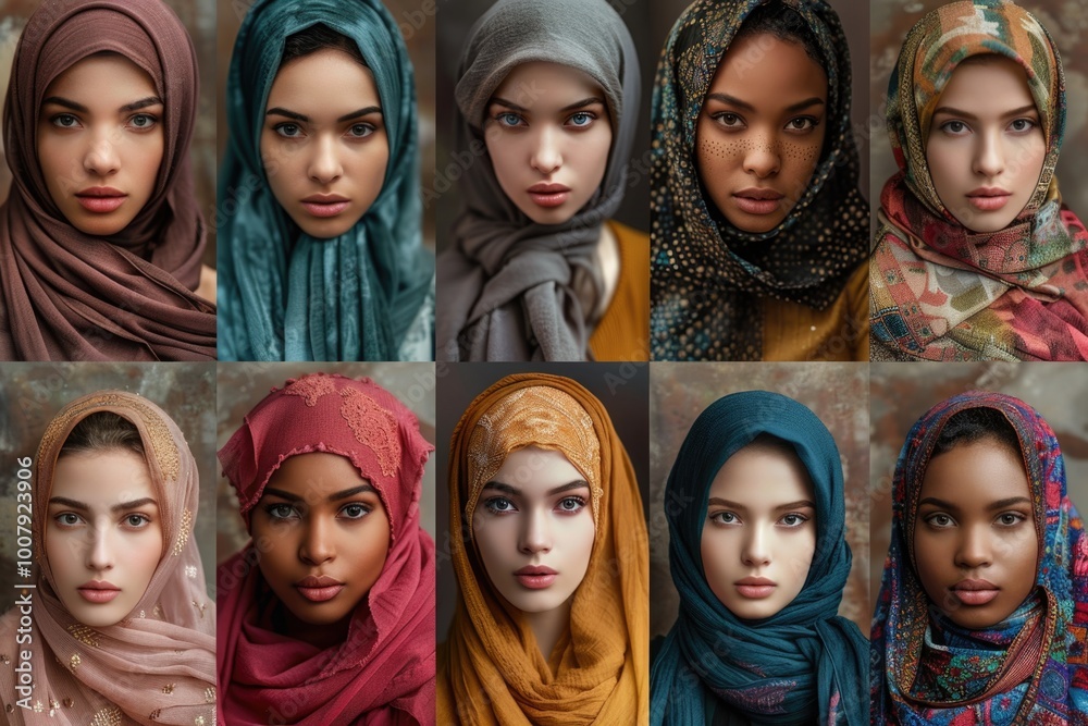 Portraits of beautiful women of different nationalities. Girls in hijab, Arabic, Chinese, Persian, African American, Indian.