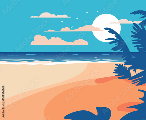 Beach with palm trees and sea Vector illustration in flat style