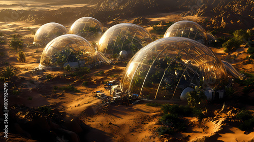 A colony on mars with bio-domes filled with earth-like ecosystems, contrasting with the barren martian landscape. Martian Colony. Illustration photo