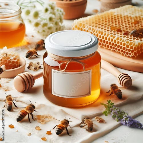 Honeycomb and Golden Honey in Jar with Bees Around