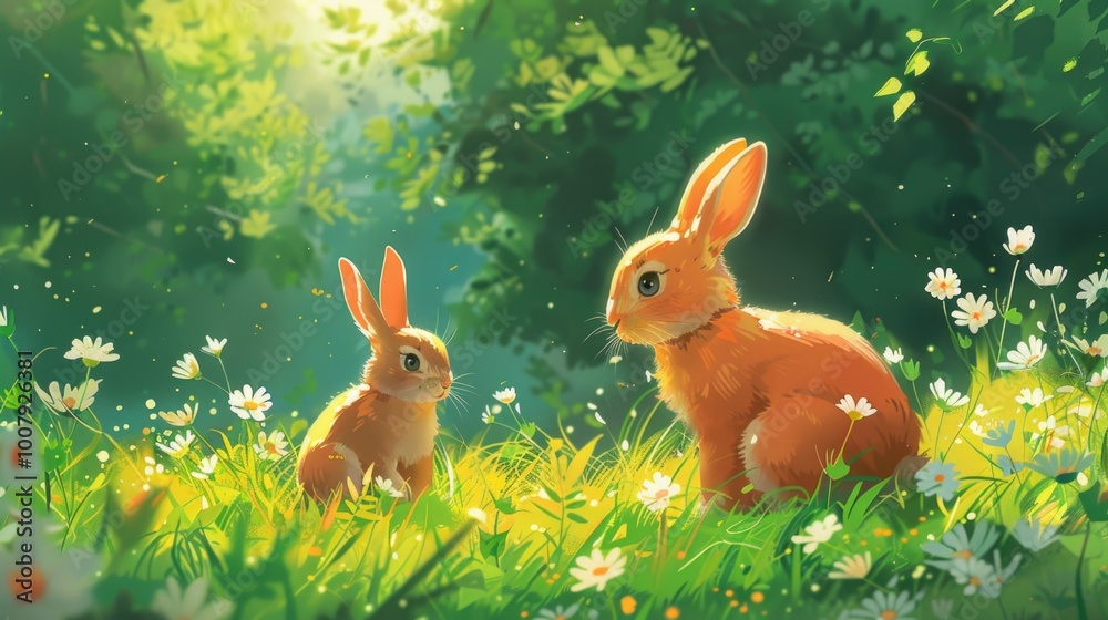 Two rabbits in a sunlit meadow Two rabbits in a sunlit meadow