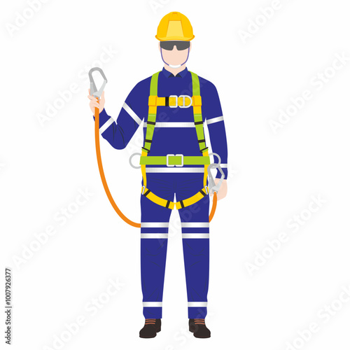 Man of worker wearing full body harness. Show one of the connecting device or lanyard and hook.