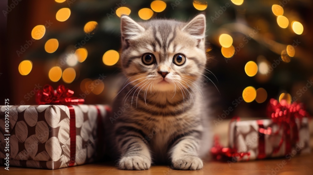 Kitten sitting in front of christmas tree and presents Kitten sitting in front of christmas tree and presents