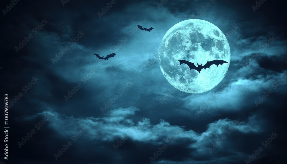 Full Moon with Bats Flying Through Cloudy Night Sky Full Moon with Bats Flying Through Cloudy Night Sky