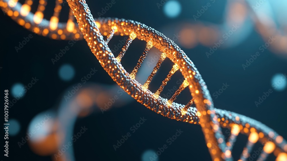 Detailed 3D model of a DNA helix illuminated for emphasis, suitable for educational and healthcare communications Detailed 3D model of a DNA helix illuminated for emphasis, suitable for educational and healthcare communications