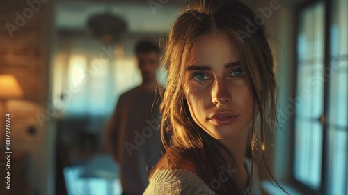 Moody Evening Portrait of a Thoughtful Young Woman in Soft Indoor Lighting photo