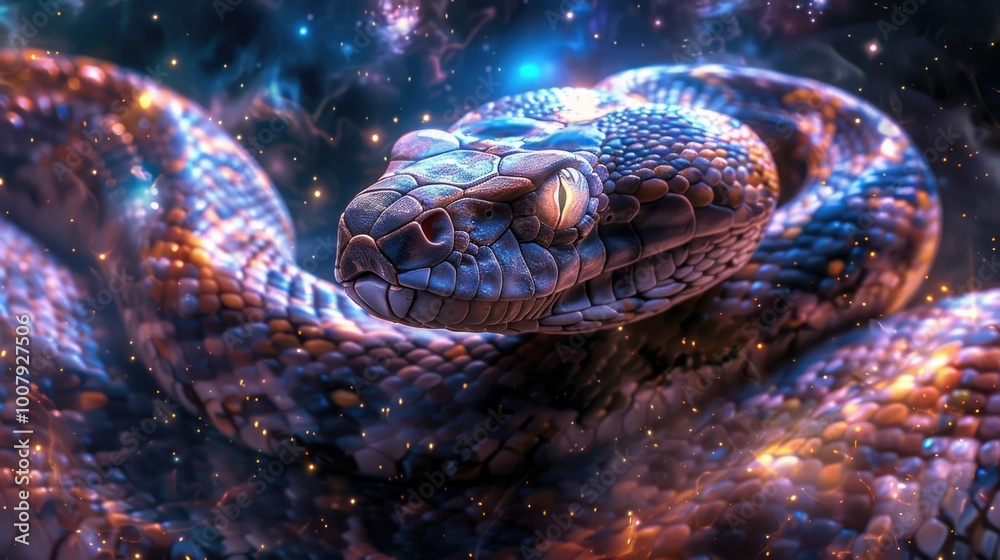 Fantastic beautiful poisonous snake close-up coiled in a ring in space. Poisonous dangerous reptile. Monster from nightmares