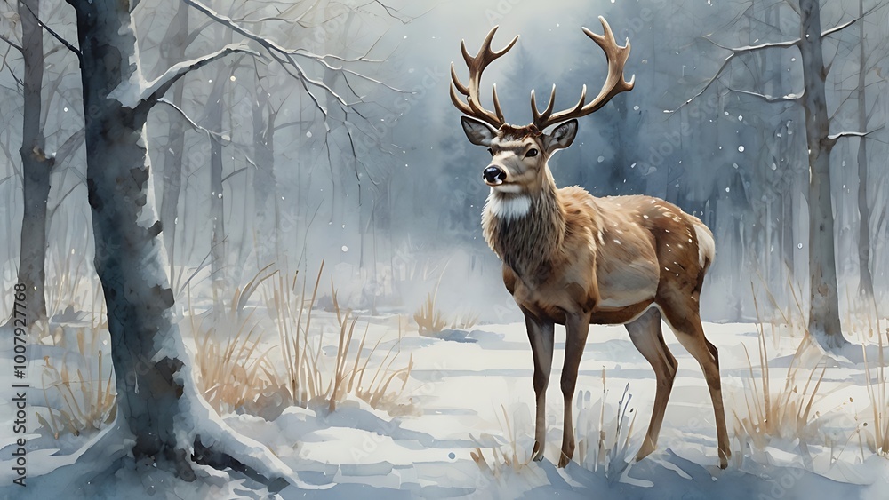 digital abstract illustration featuring a majestic deer standing in a snowy forest with a soft, painterly touch, capturing the serene winter atmosphere digital abstract illustration featuring a majestic deer standing in a snowy forest with a soft, painterly touch, capturing the serene winter atmosphere