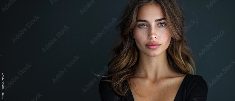 Naklejka premium Portrait of a Young Woman with Natural Beauty and Neutral Expression Against Dark Background