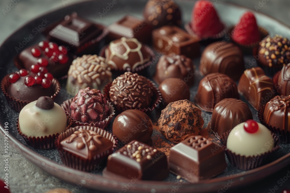 Assorted chocolate truffles on plate Assorted chocolate truffles on plate