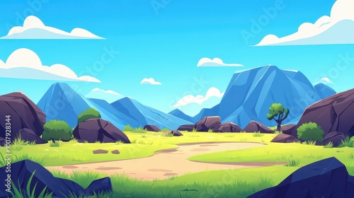 Experience a stunning 2D rocky mountain pass backdrop, perfect for adventurous mobile games, with vibrant cartoonstyle art. photo