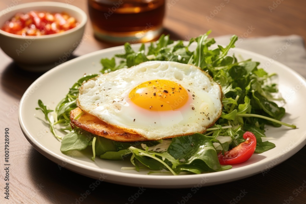 Crepe with egg and salad on black plate Crepe with egg and salad on black plate