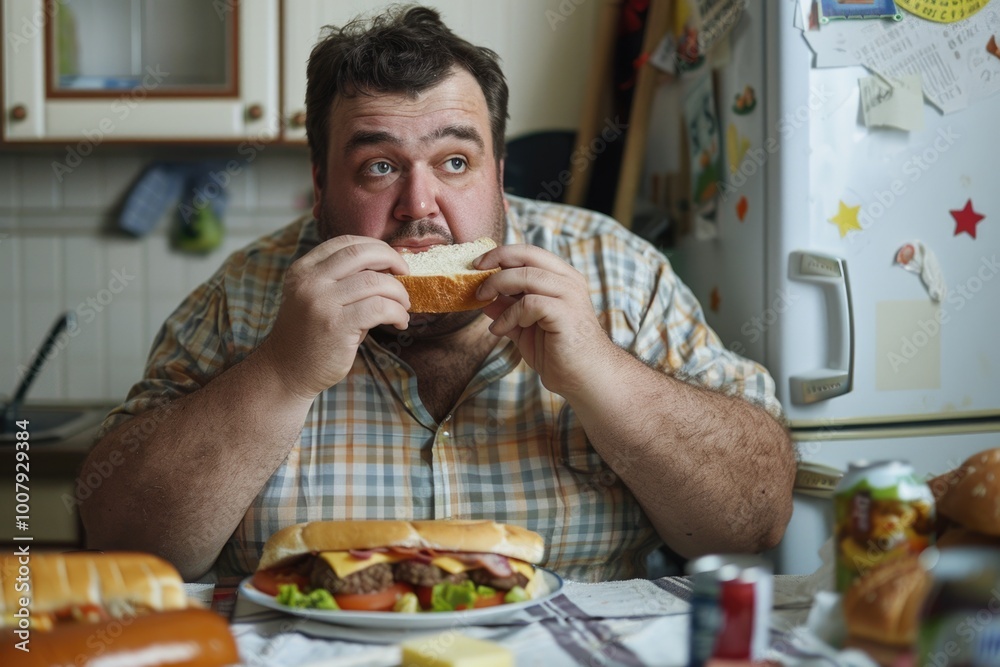 Bearded man eating hamburger in front of refrigerator Bearded man eating hamburger in front of refrigerator